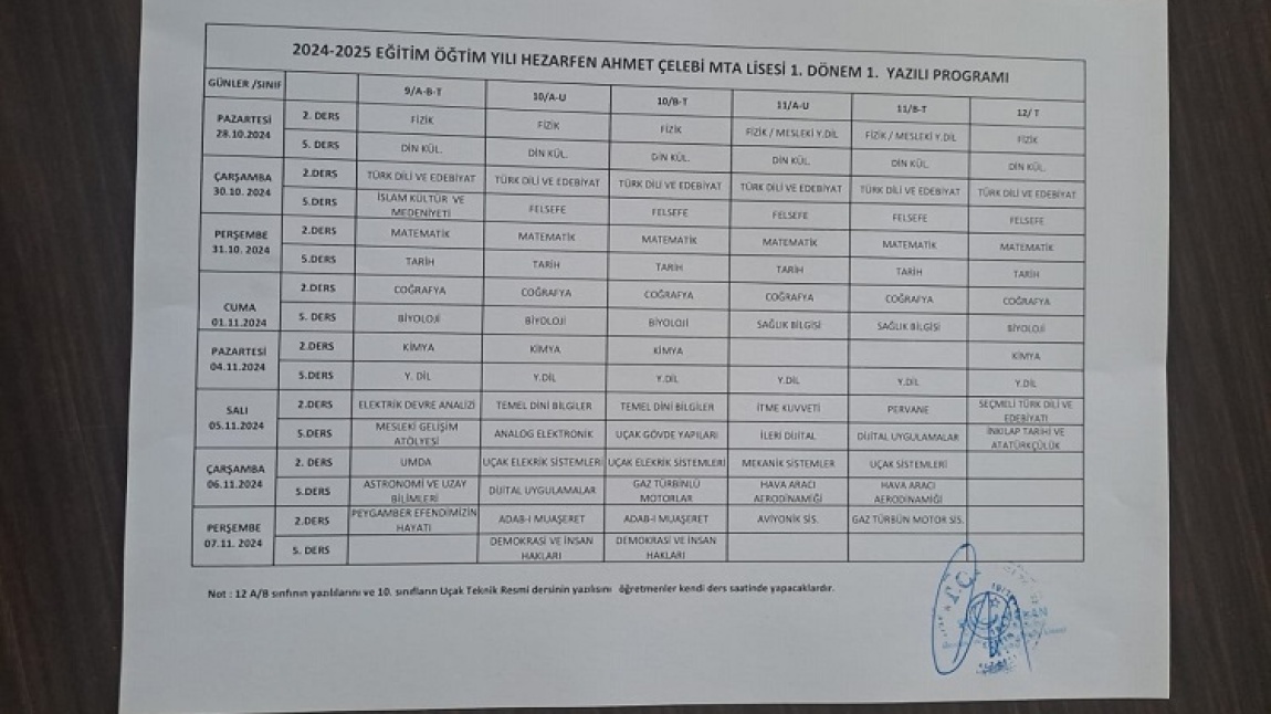 2024-2025 eğitim öğretim yılı 1. dönem sınav programı